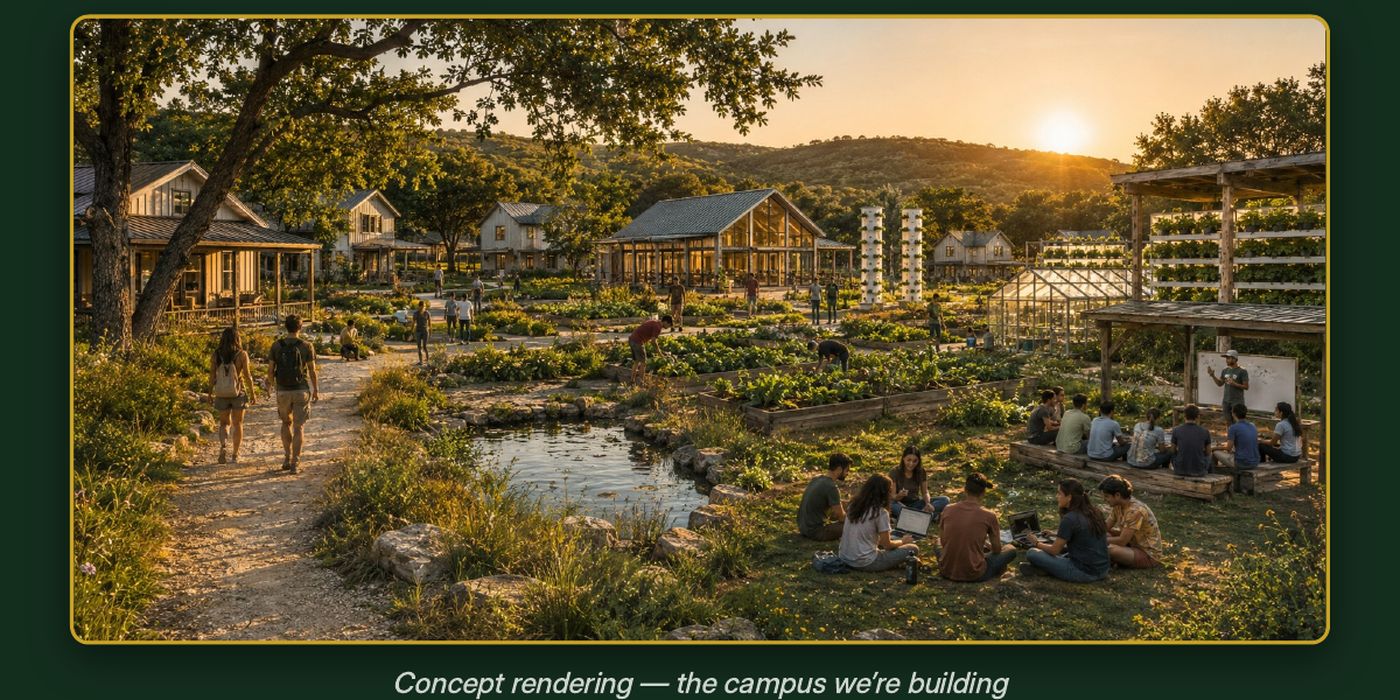 Aerial concept rendering of the planned campus: cottages, learning hall, greenhouse, garden, and pond